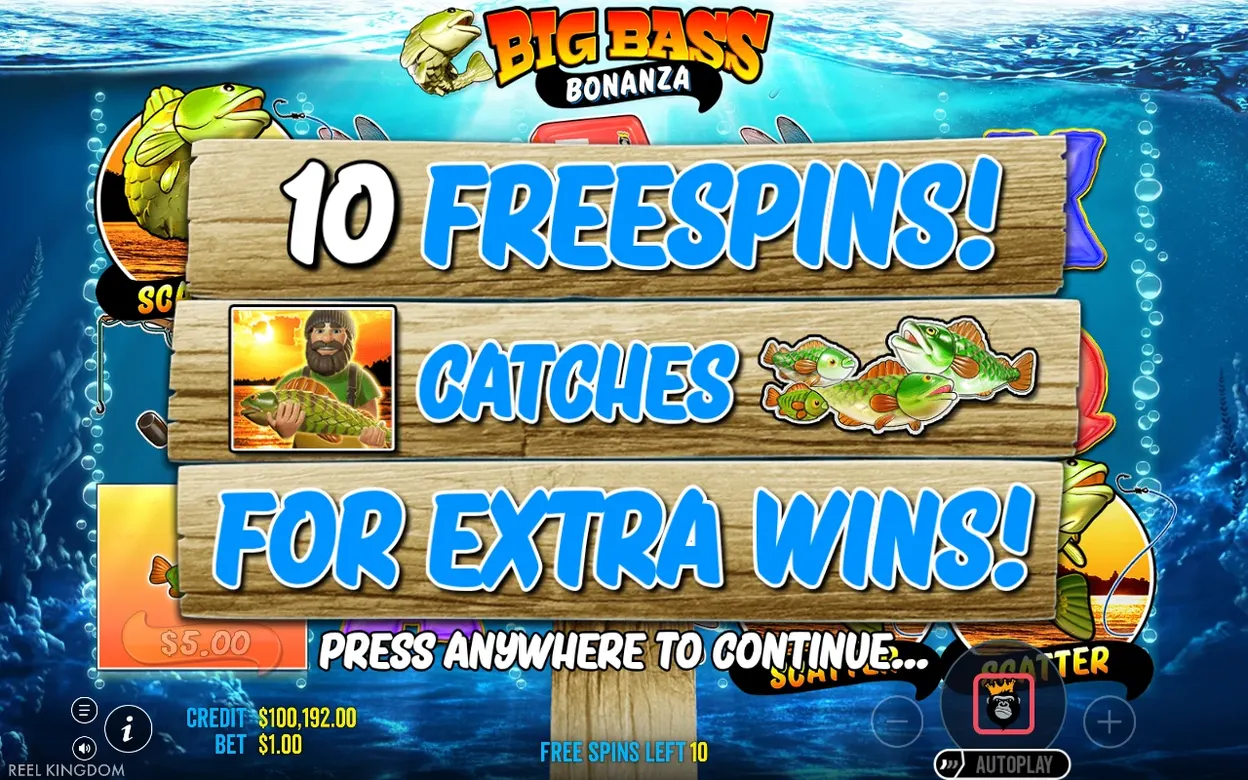 Bonusankündigung verspricht 10 Freispiele: Der Angler fängt Fische für Extragewinne, Freispiele übrig: 10.