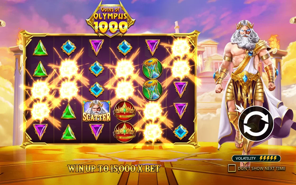 Basisspiel-Feld mit Explosionseffekten, Scatter-Symbol Zeus und Banner „Win up to 15000 x Bet“.
