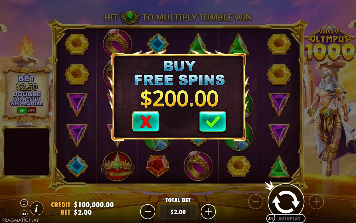 Kaufdialog „Buy Free Spins“ zeigt Preis $200.00, grüner Bestätigungs- und roter Abbruch-Button.