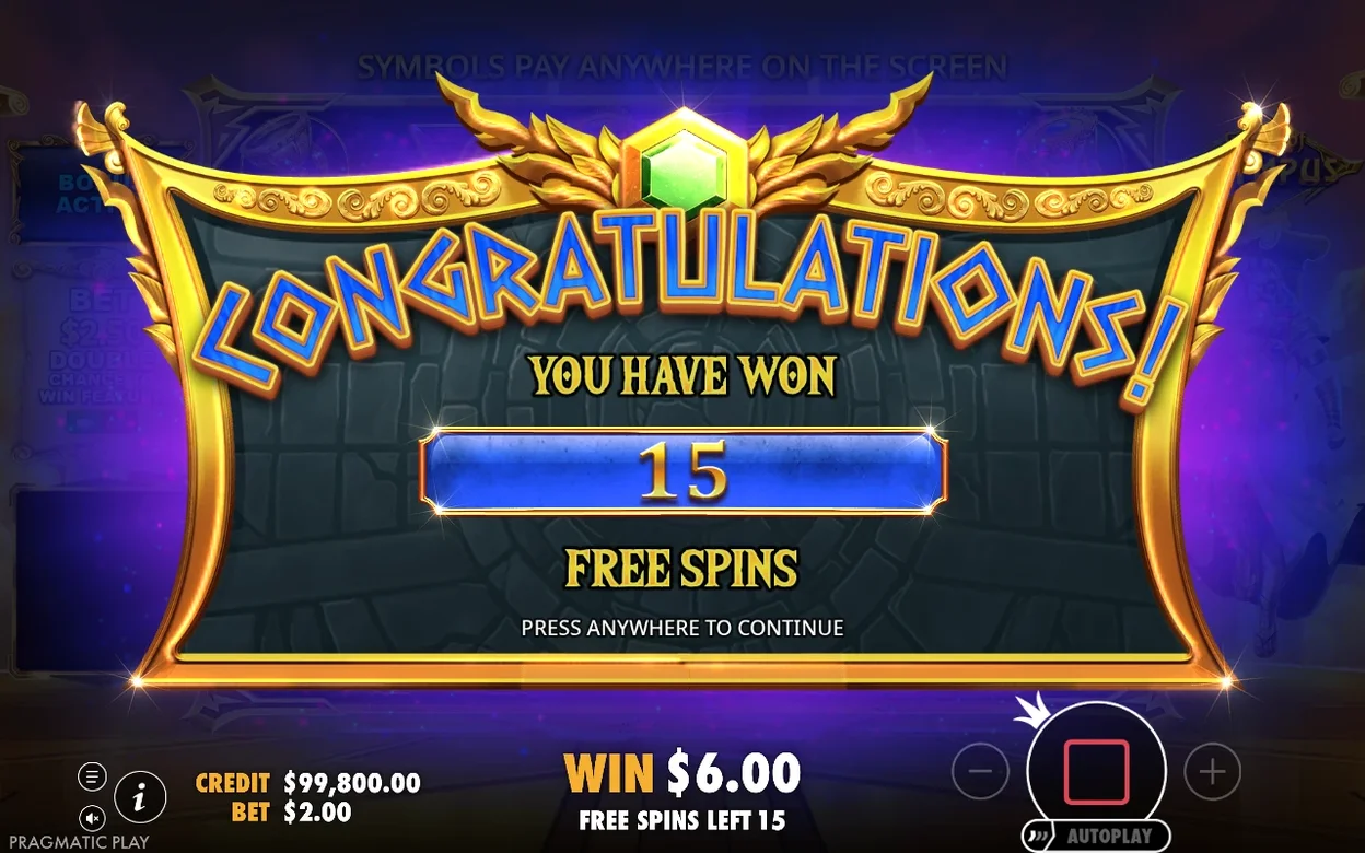 Glückwunsch-Bildschirm meldet 15 gewonnene Freispiele, Gewinn $6.00 aus dem Auslöse-Spin.