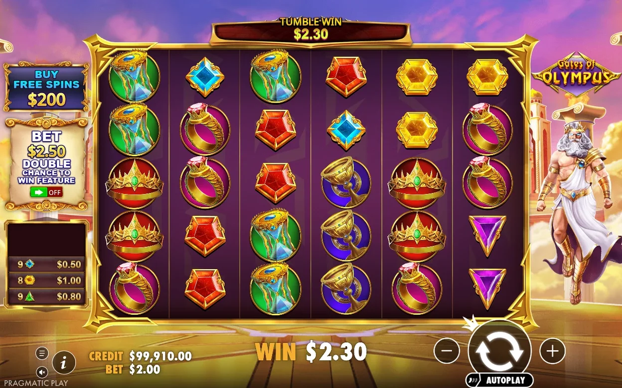 Tumble-Gewinn $2.30 über Kronen, Ringen und Edelsteinen, Bet $2.00, Double Chance auf Off.