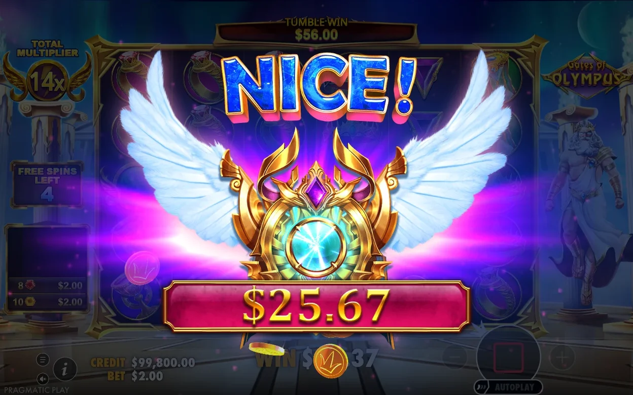 Goldenes Flügel-Emblem mit NICE!-Schriftzug, Gewinn $25.67, Gesamtmultiplikator 14x, 4 Freispiele übrig.