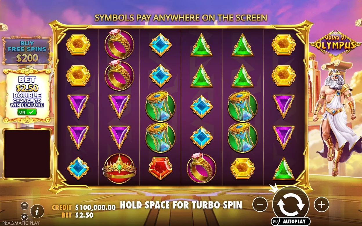 Walzengitter mit Ring, Kelch und Edelsteinen neben Zeus, Bet $2.50, Double Chance auf ON gestellt.