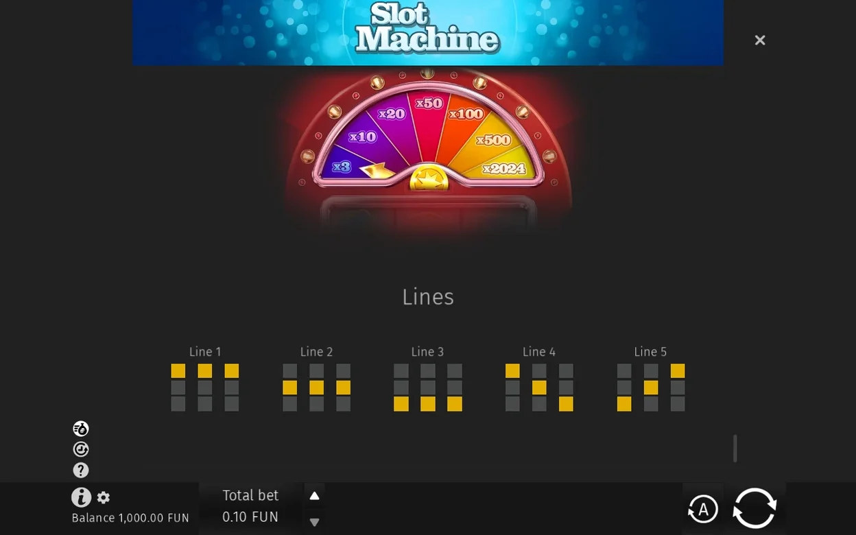 Bonusrad mit Stufen x3 bis x2024 über fünf Gewinnlinien-Diagrammen, Balance 1.000,00 FUN, Einsatz 0,10 FUN.