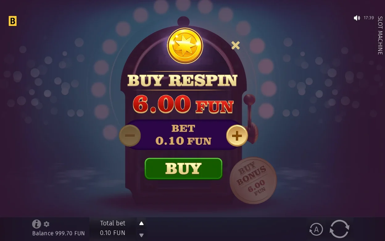 Buy-Respin-Dialog zeigt Preis 6,00 FUN, Einsatzfeld 0,10 FUN mit Plus- und Minus-Buttons und grünem BUY-Button.