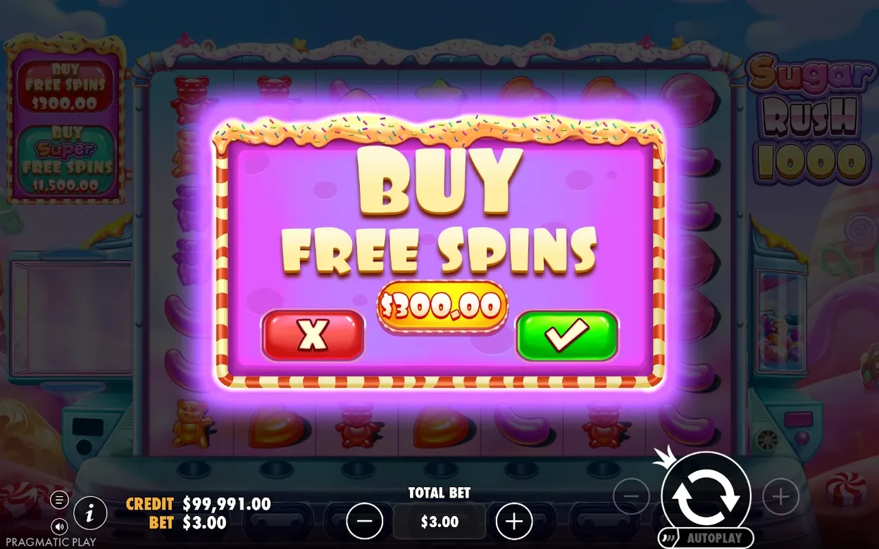 Kaufdialog „Buy Free Spins“ zeigt Preis 300,00 $, grüner Haken bestätigt, rotes X bricht ab, Einsatz 3,00 $.