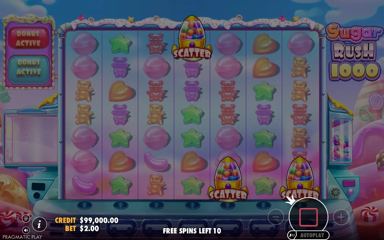 Grundspiel-Raster mit drei Scatter-Raketen und zwei „Bonus Active“-Feldern, Freispiele übrig 10, Einsatz 2,00 $.