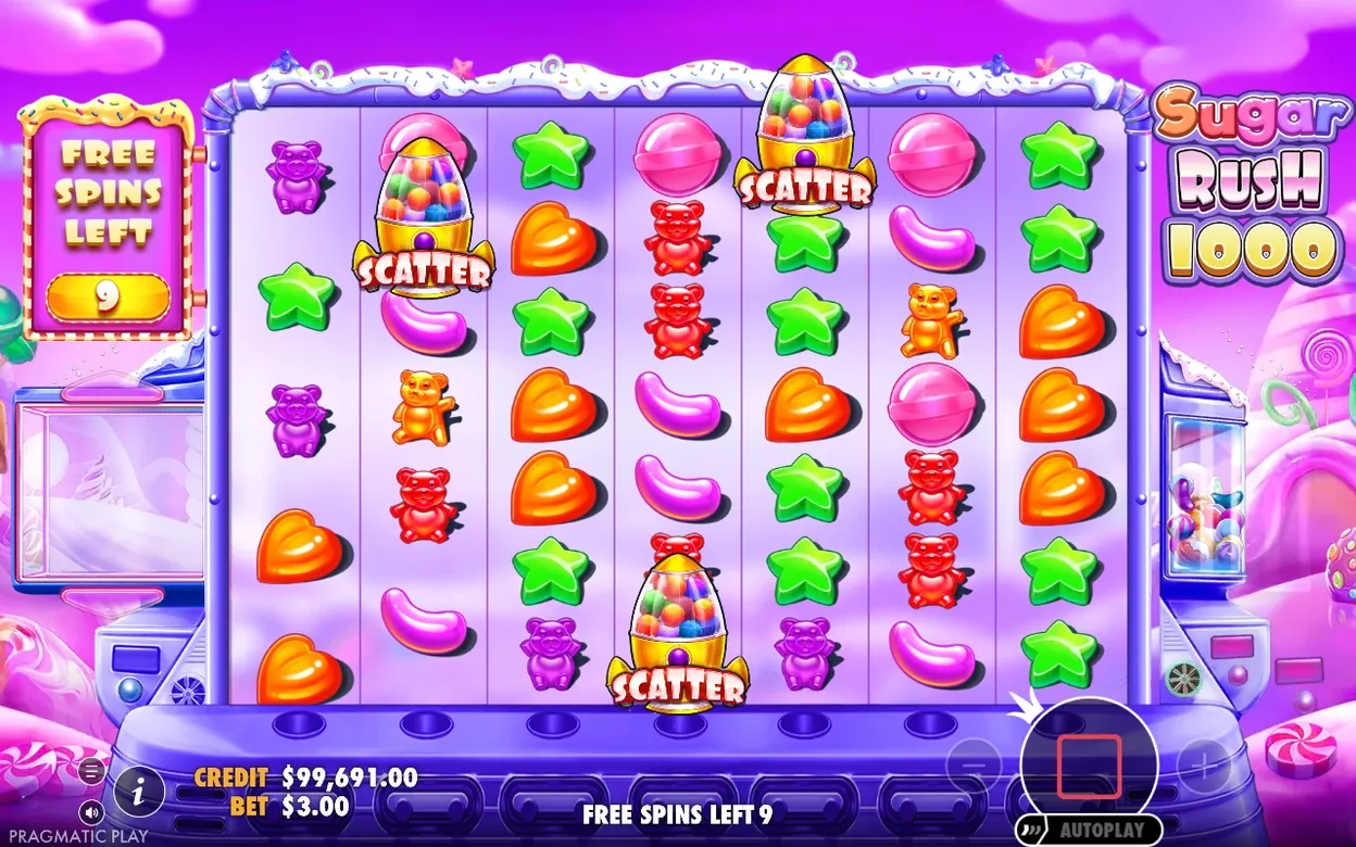 Freispielraster mit drei Scatter-Raketen im violetten Modus, Freispiele übrig 9, Guthaben 99.691,00 $, Einsatz 3,00 $.