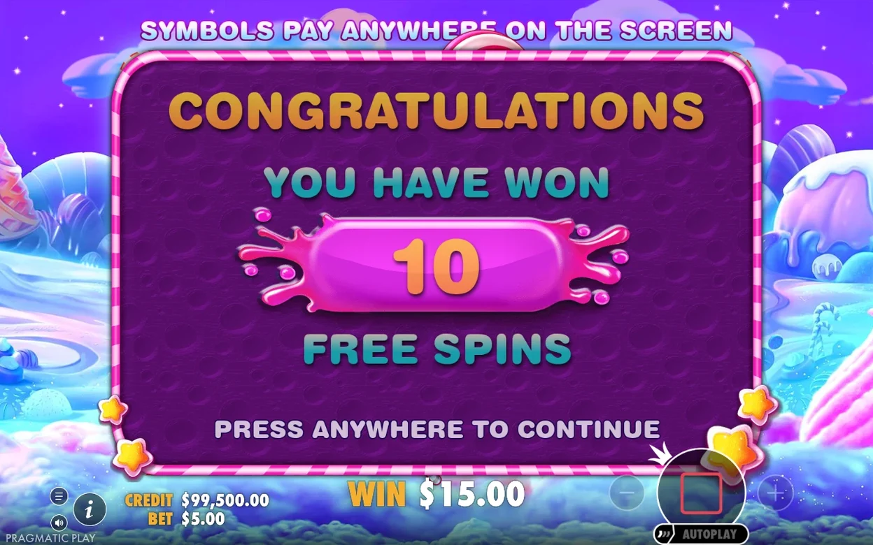 Freispielgewinn bestätigt: Banner zeigt 10 Freispiele, aktueller Kontostand WIN 15,00 $.