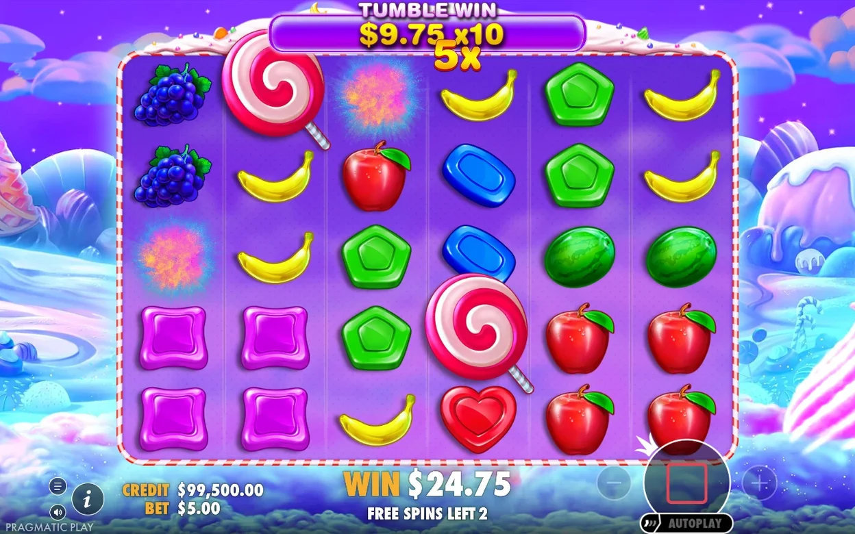 Tumble-Gewinn während der Freispiele: 9,75 $ x10, zusätzlicher 5x-Multiplikator, Stand 24,75 $, noch 2 Freispiele.