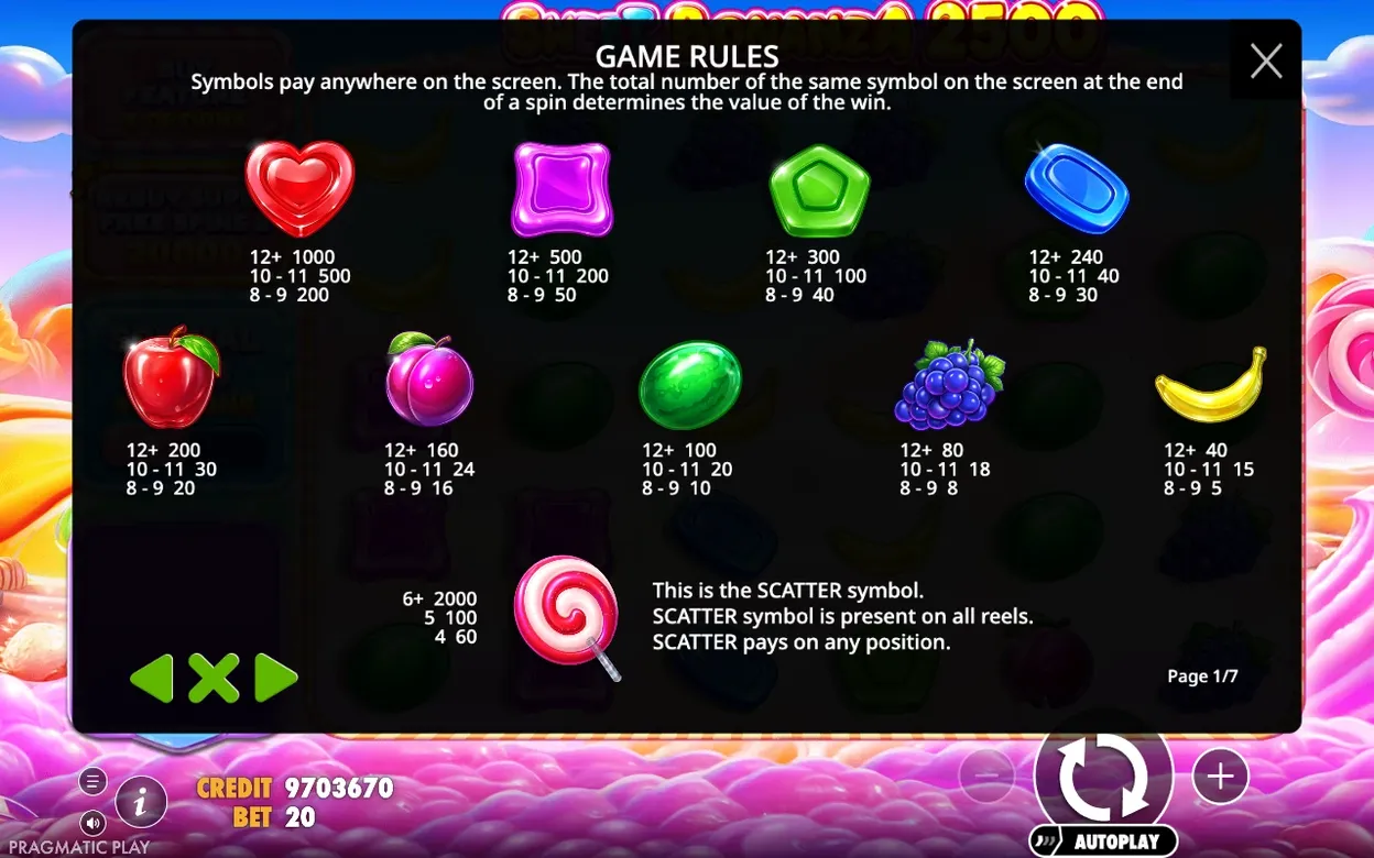 Münzansicht der Regeln, Seite 1 von 7: Herz 1000 Coins bei 12+, Lolli-Scatter 2000 Coins bei 6+.