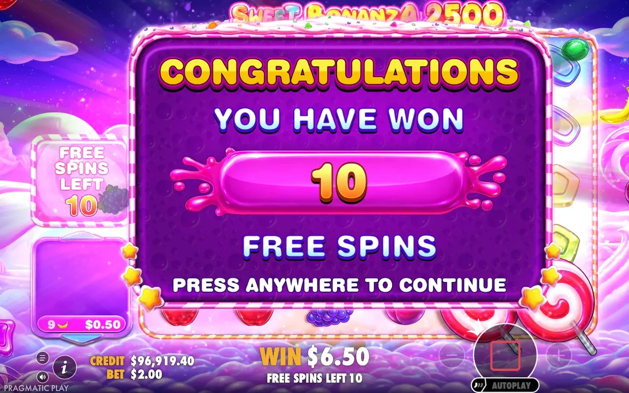 Popup „Congratulations You Have Won 10 Free Spins“, Gewinn 6,50 $, Guthaben 96.919,40 $.