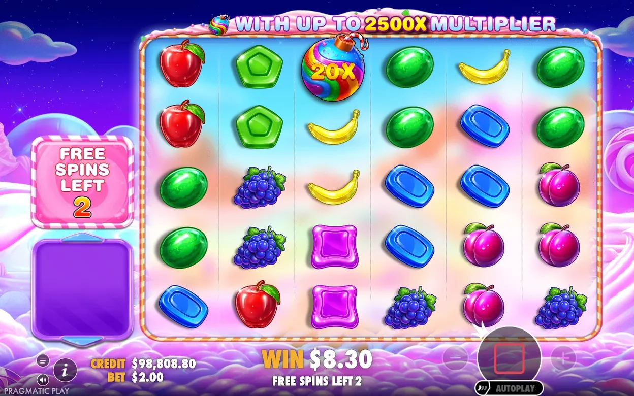Freispiel-Walzen zeigen eine 20x-Multiplikator-Bombe, 2 Freispiele übrig, Gewinn 8,30 $.