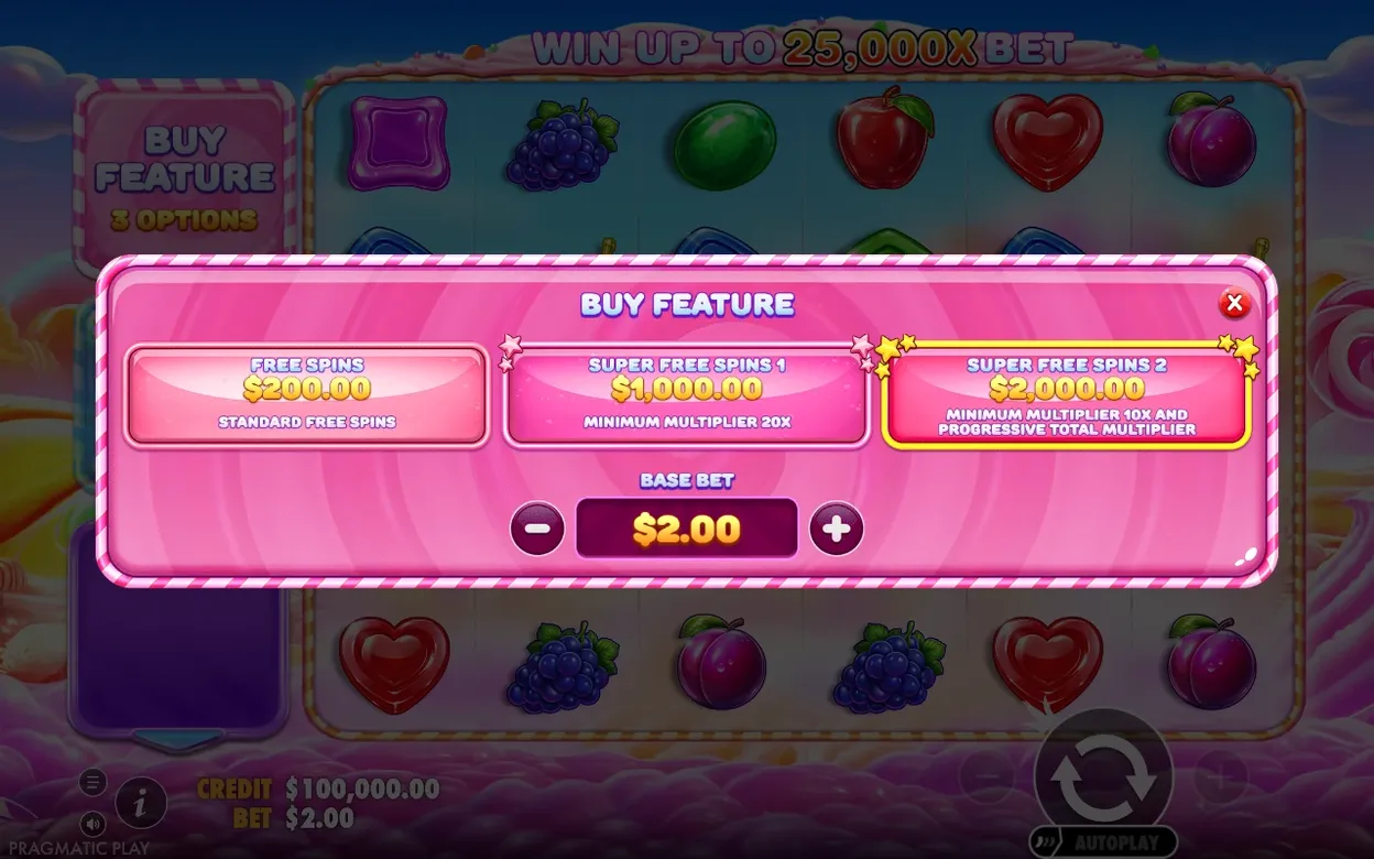 Kaufdialog Buy Feature mit drei Optionen, Super Free Spins 2 golden hervorgehoben, Basiswette 2,00 $.