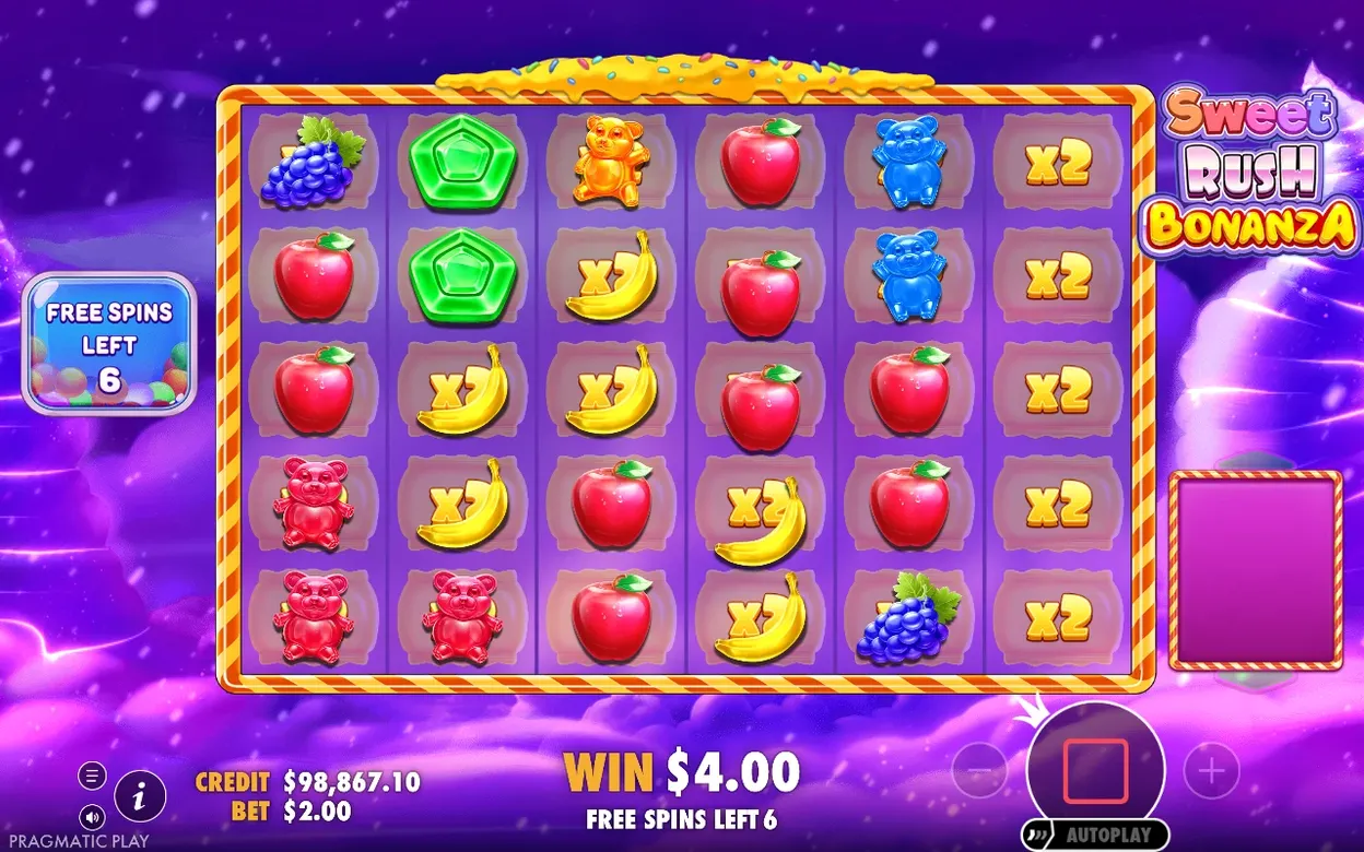 Super-Freispiele zeigen zahlreiche x2-Multiplikatorfelder im Raster, 6 Freispiele übrig, Gewinn 4$.