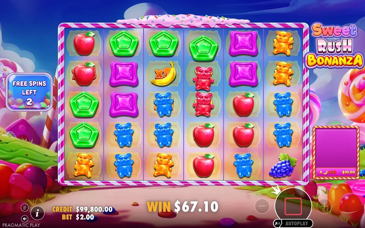 Freispielraster zeigt x8-Multiplikator auf einem Bananen-Feld, Gewinn 67,10$, noch 2 Freispiele übrig.