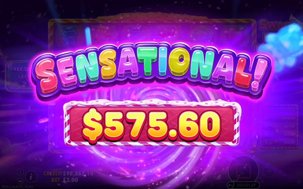 Gewinnbildschirm "Sensational!" zeigt einen Rundengewinn von 575,60$ vor violettem Wirbel-Hintergrund.